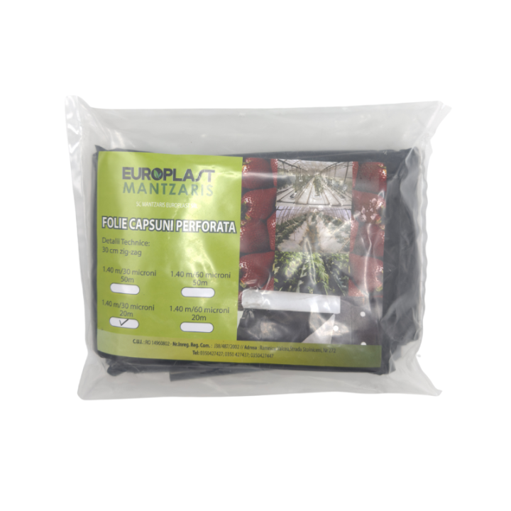 Folie neagra de sol, perforata, 30 microni, 2 sezoane, 1.4 m x 20 m