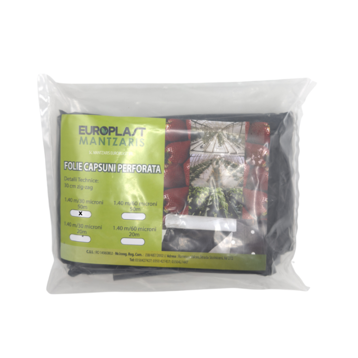 Folie neagra de sol, perforata, 30 microni, 2 sezoane, 1.4 m x 50 m