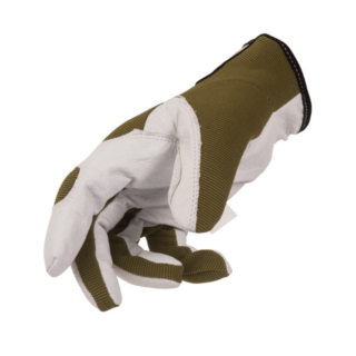 Manusi de lucru poliester si piele, palma piele, ajustare velcro, culoare oliva, marimea L